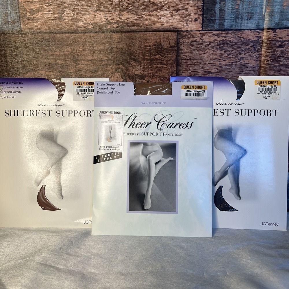 3- Vtg Sheer Caress Control Top Nylons Queen Short - Little beige & Smoke Grey